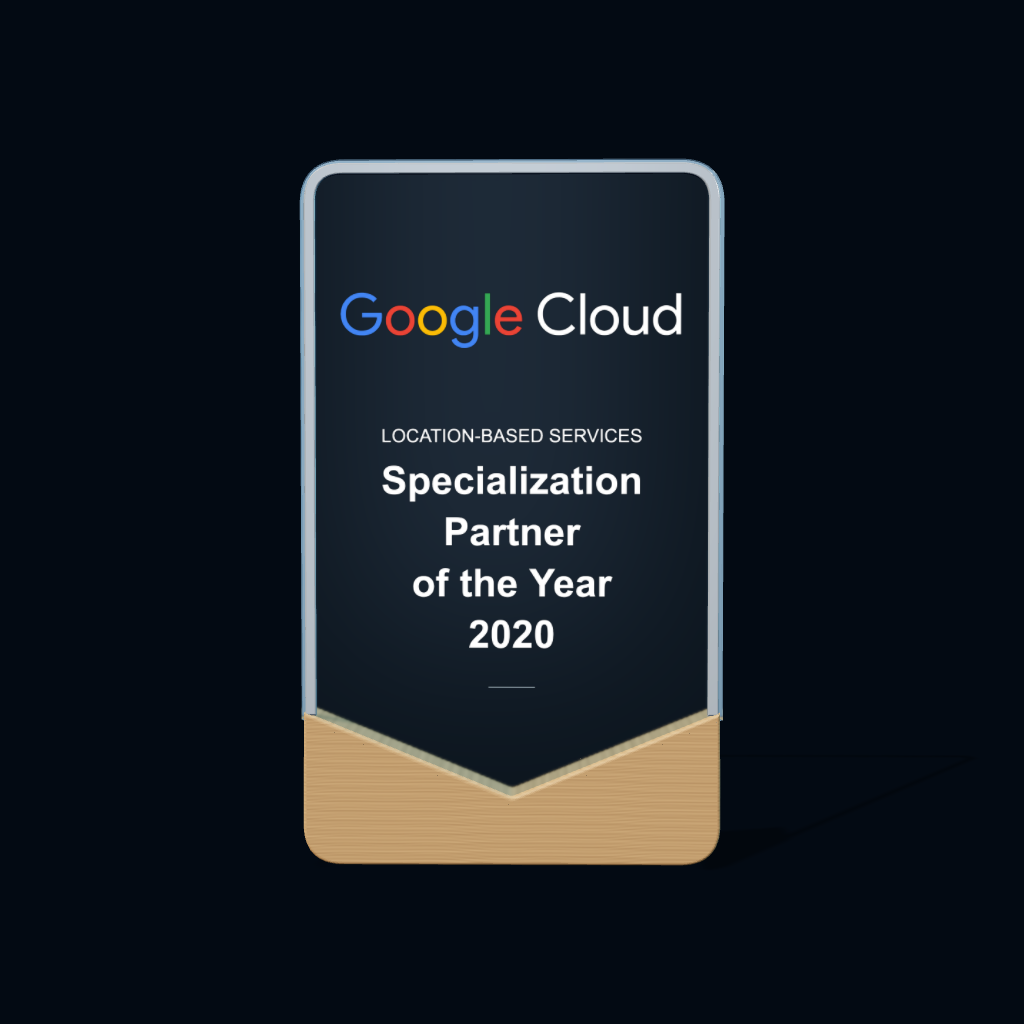 Representación 3D del reconocimiento Specialization Partner of the Year 2020 · Location-Based Services · Global